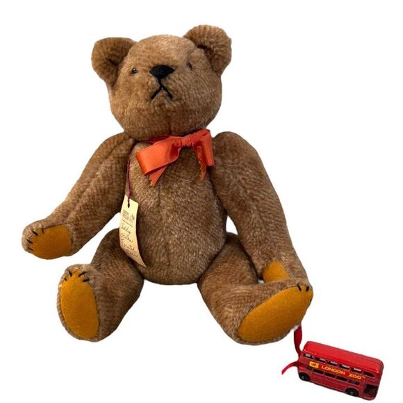 Vtg Steiff Style Teddy Stiles Jointed Bear Plush Toy Red Bow Mini London Zoo Bus